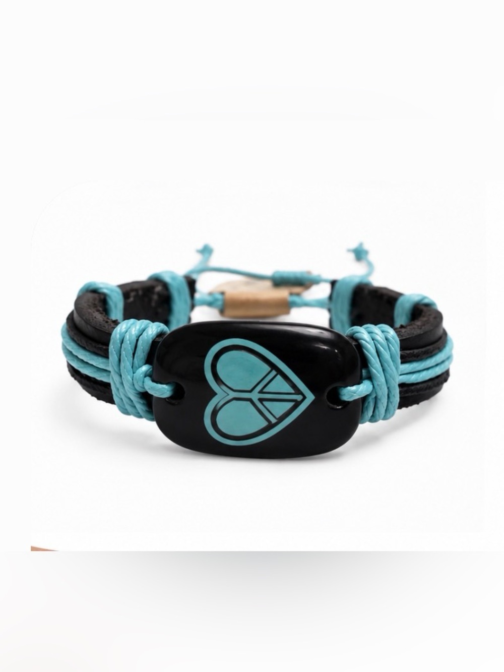 Black Leather & Turquoise Peace Heart Bracelet | Adjustable Unisex